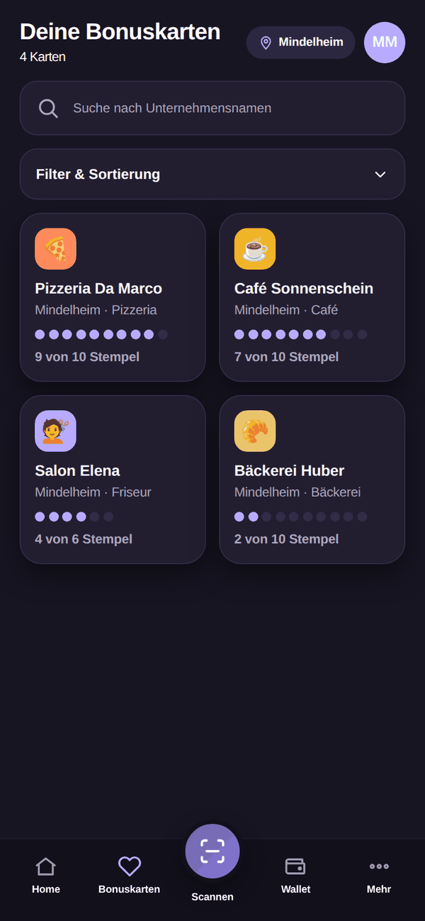 MBK App: Deine Bonuskarten: alle Karten deiner Stadt in einer Liste, mit Suche und Filter.