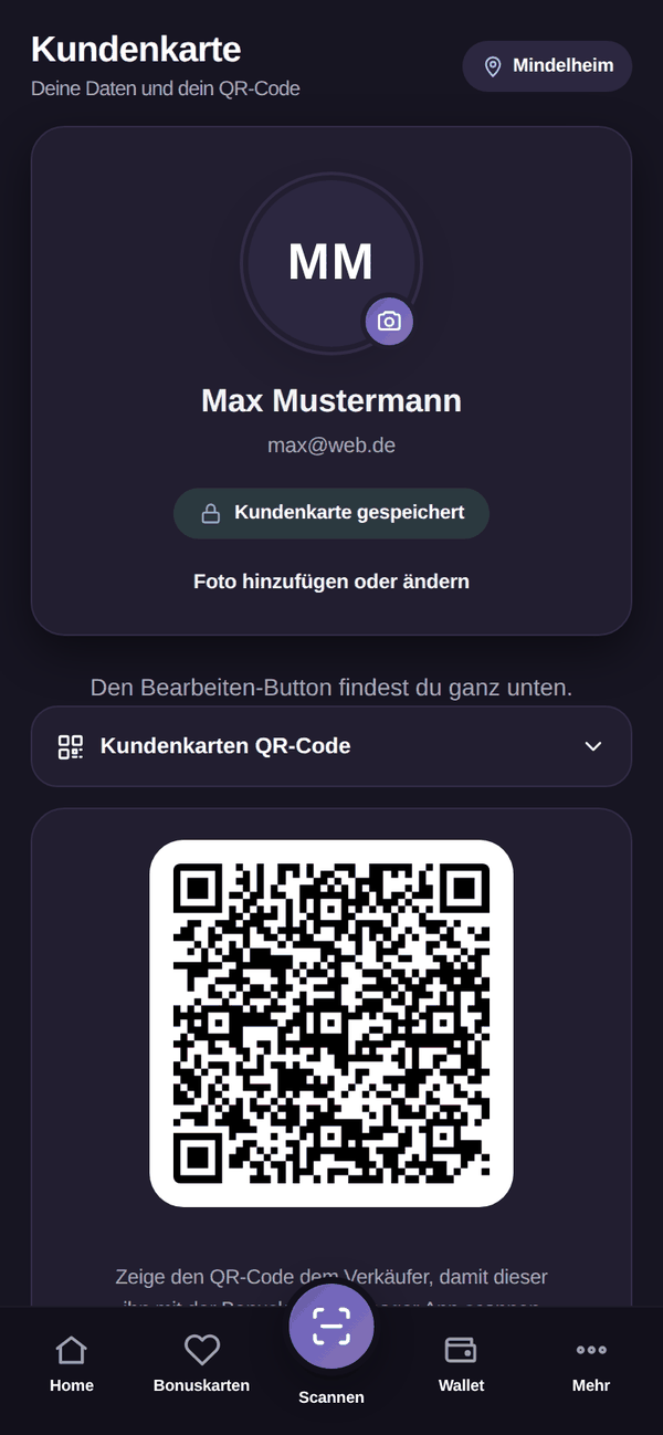 MBK App: Kundenkarte: dein QR-Code – einmal zeigen, Stempel ist drauf.
