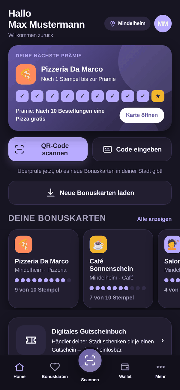 MBK App: Startseite: die nächste Prämie zuerst – scannen, Karten laden, alles auf einen Blick.