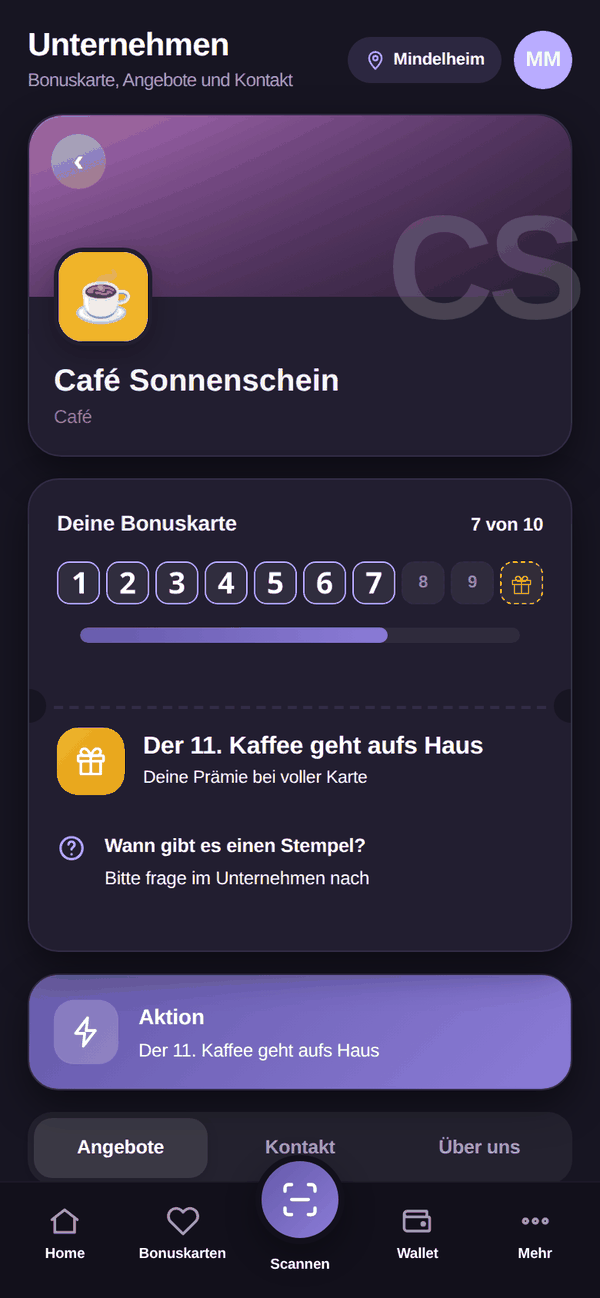 MBK App: Unternehmen: Stempelstand, Prämie, Angebote und Kontakt des Händlers.