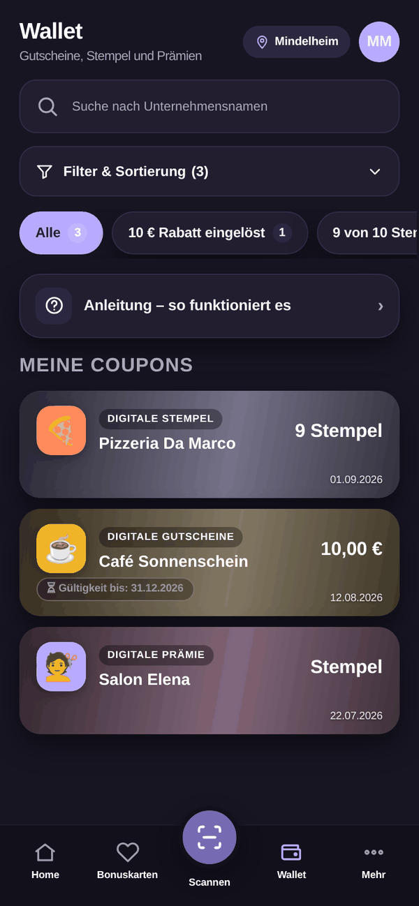 MBK App: Wallet: Gutscheine, volle Karten und eingelöste Prämien an einem Ort.