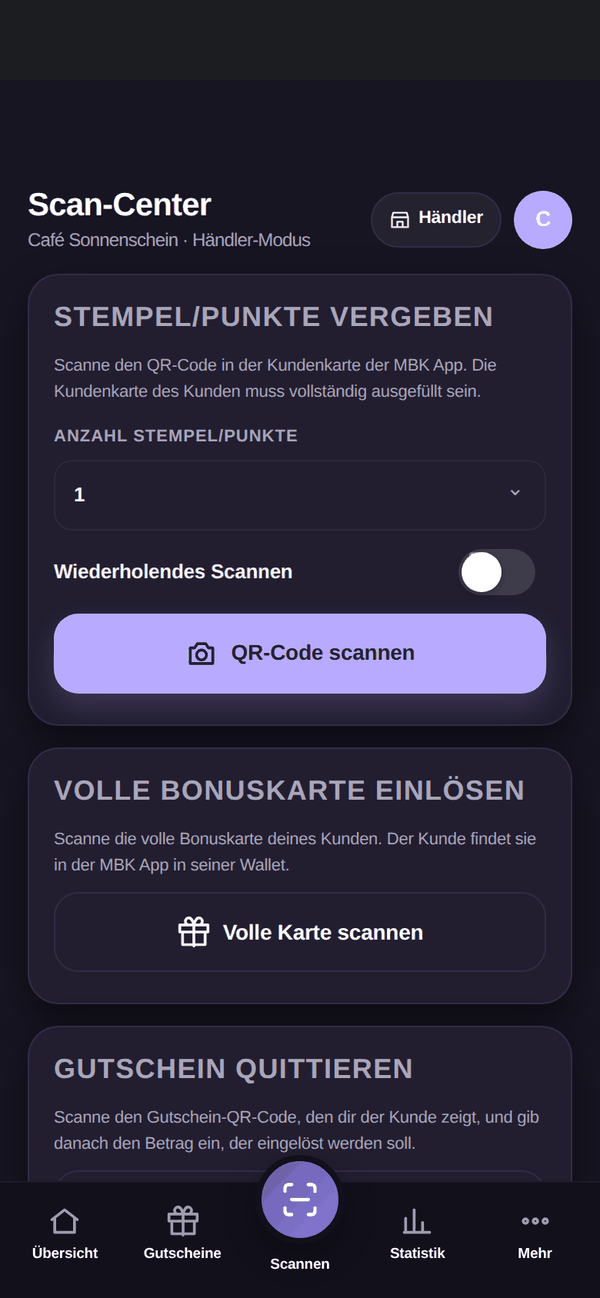 Manager: Scan-Center: Stempel vergeben, volle Karte einlösen, Gutschein quittieren.